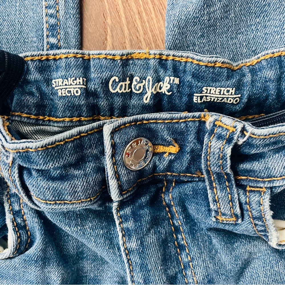Cat & Jack Kids' Dark Blue Denim Stretch Straight Leg Jeans 12 Adjustable Waist - Picture 2 of 8